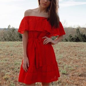 Likely size 4 off the shoulder eyelet red dress in excellent condition​